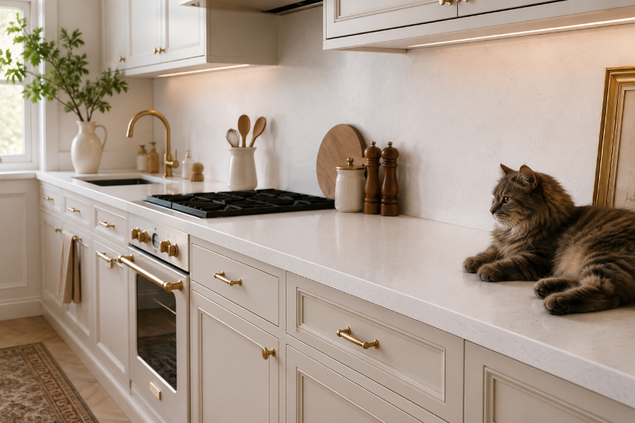 Cozy modern kitchen with Bianco Carrara worktop