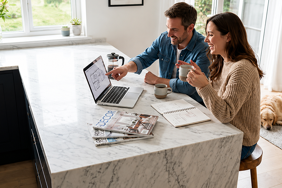 Modern kitchen planning with coffee and smiles