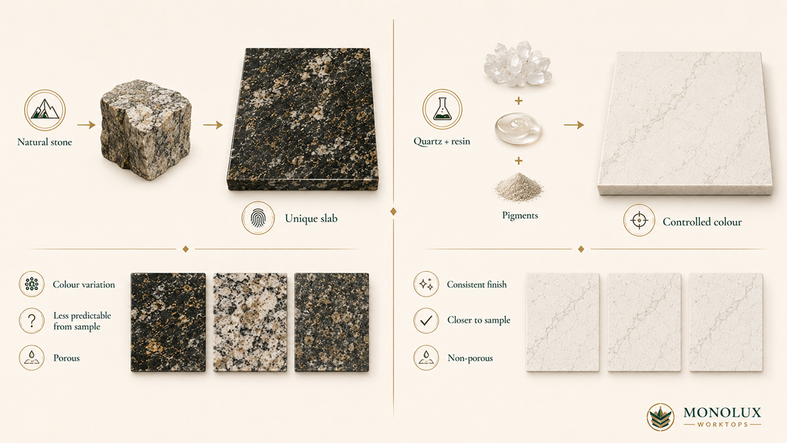 Natural granite and engineered quartz worktops compared by slab variation, colour consistency, porosity and sample match.