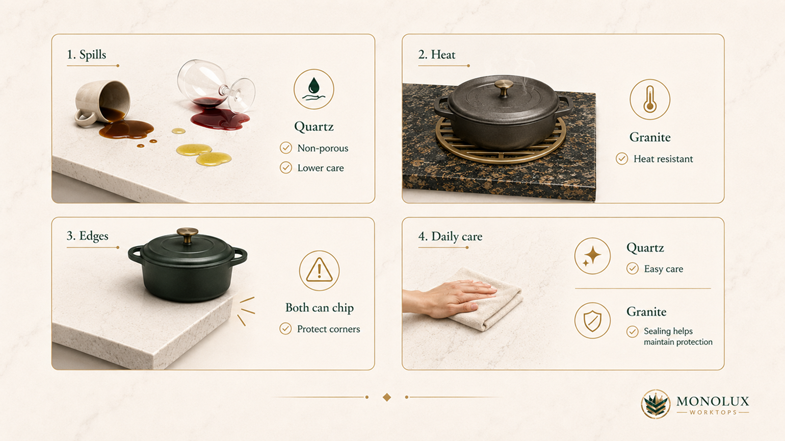 Quartz and granite worktop durability comparison showing spills, heat, edge chips and daily care for kitchen use.