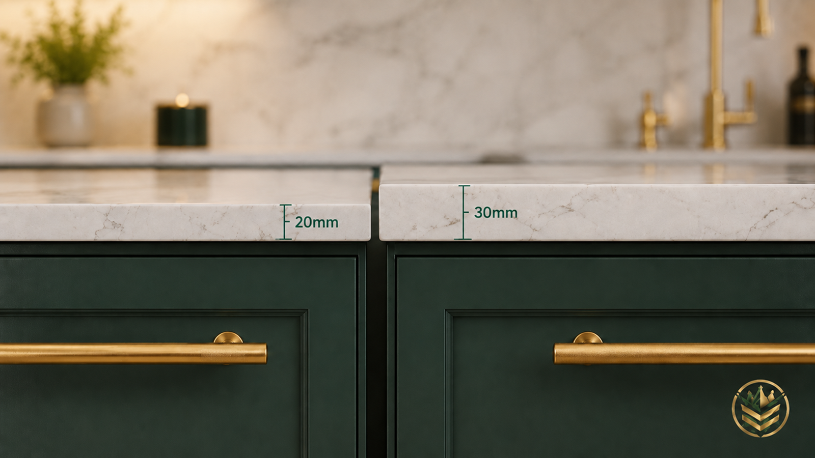 20mm vs 30mm quartz worktop edge comparison with MonoLux logo