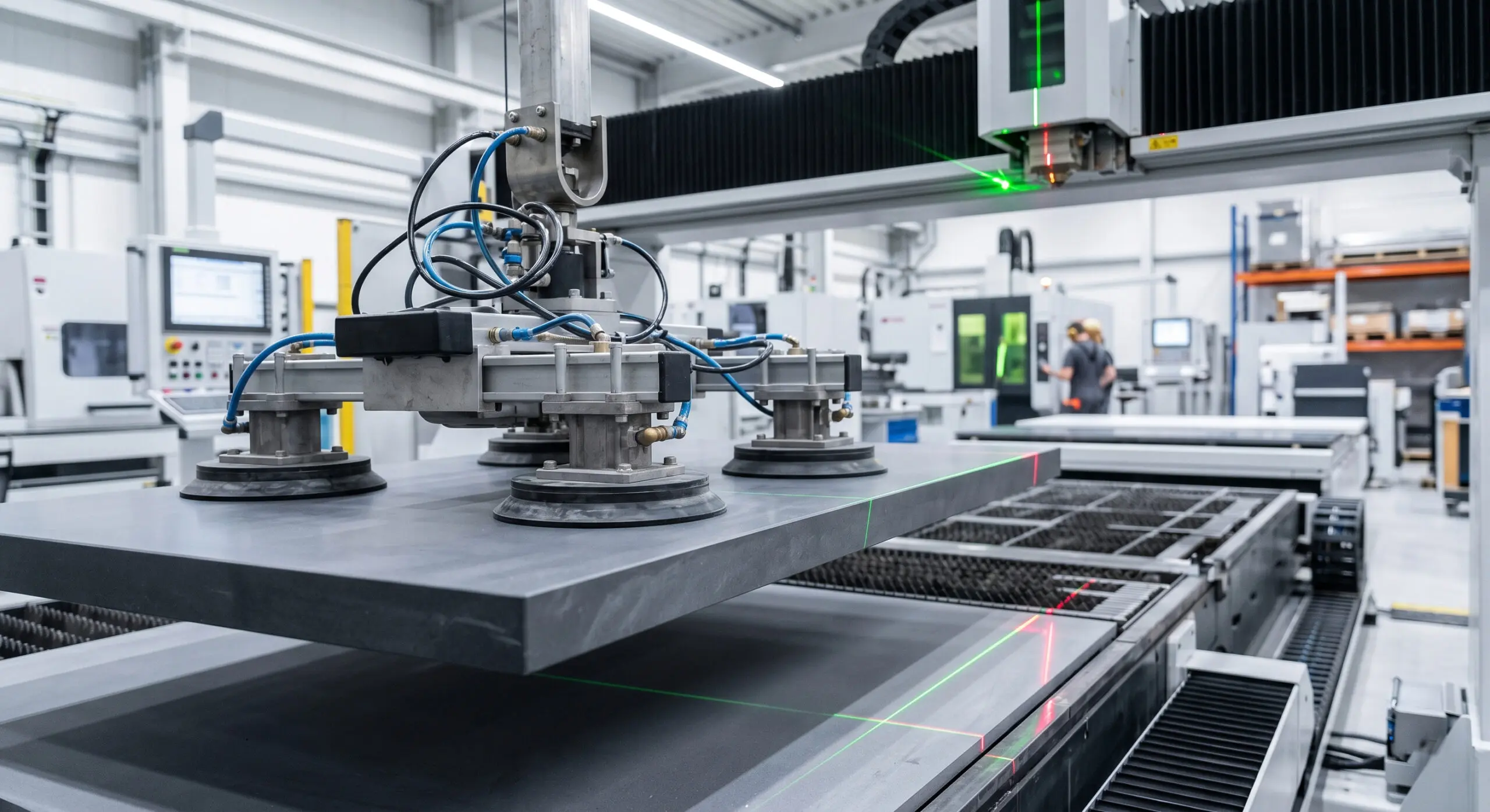Precision CNC fabrication of a 30mm quartz slab in a direct-to-consumer factory.