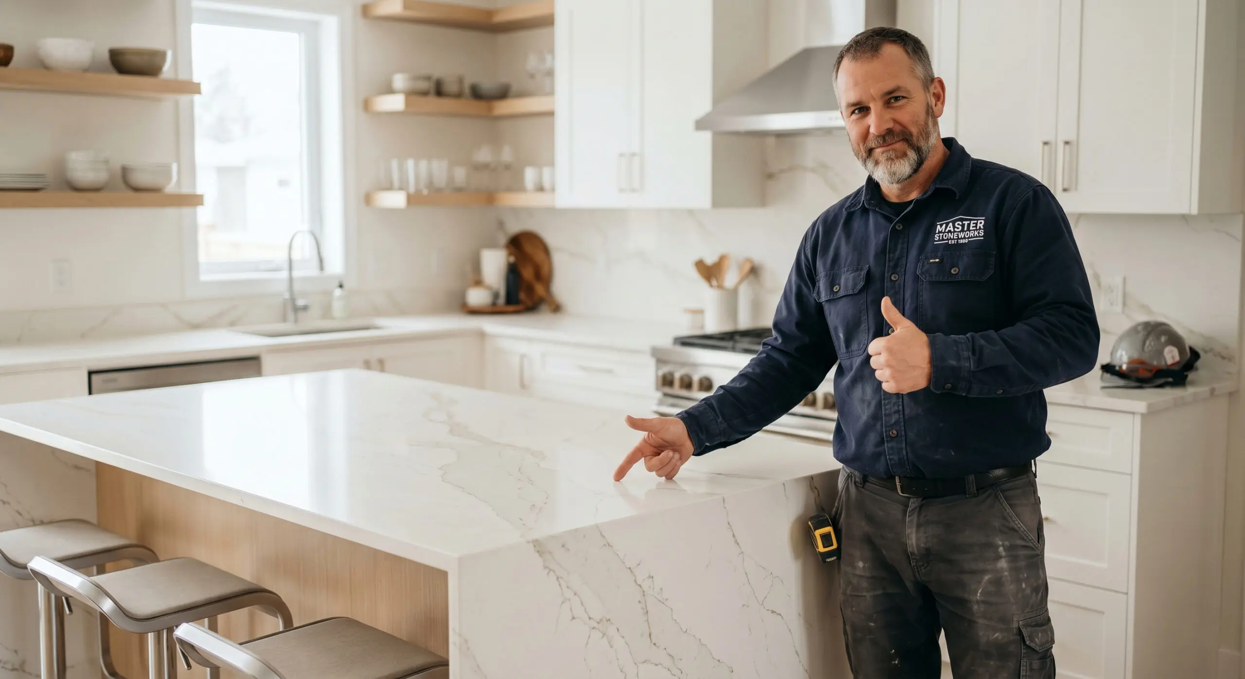 Expert stonemason completing a rapid 5-day quartz worktop installation in a UK home.