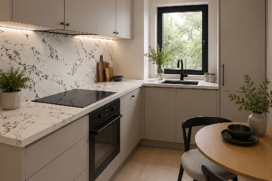 A cosy modern kitchenette with Calacatta Viola Quartz Worktop