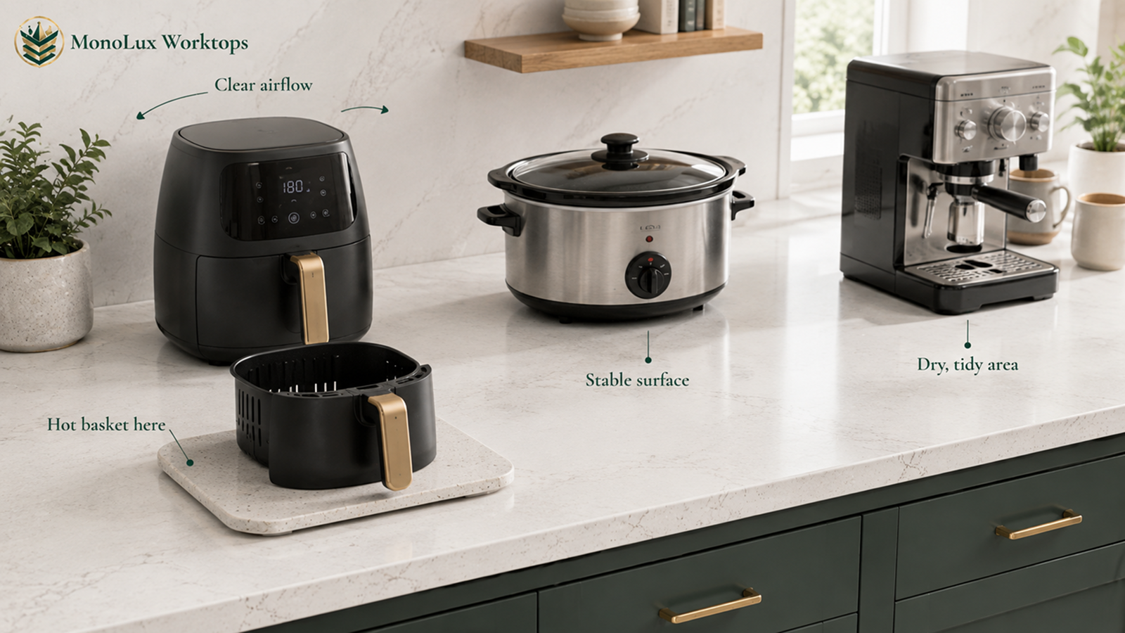 Air fryer, slow cooker and coffee machine on quartz, showing you can put hot pans on quartz worktops and air fryers on quartz worktops.