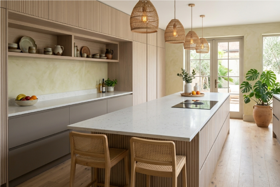 Bright organic modern kitchen featuring slatted wood cabinets, woven rattan pendant lights, and durable white quartz worktops on a large kitchen island.