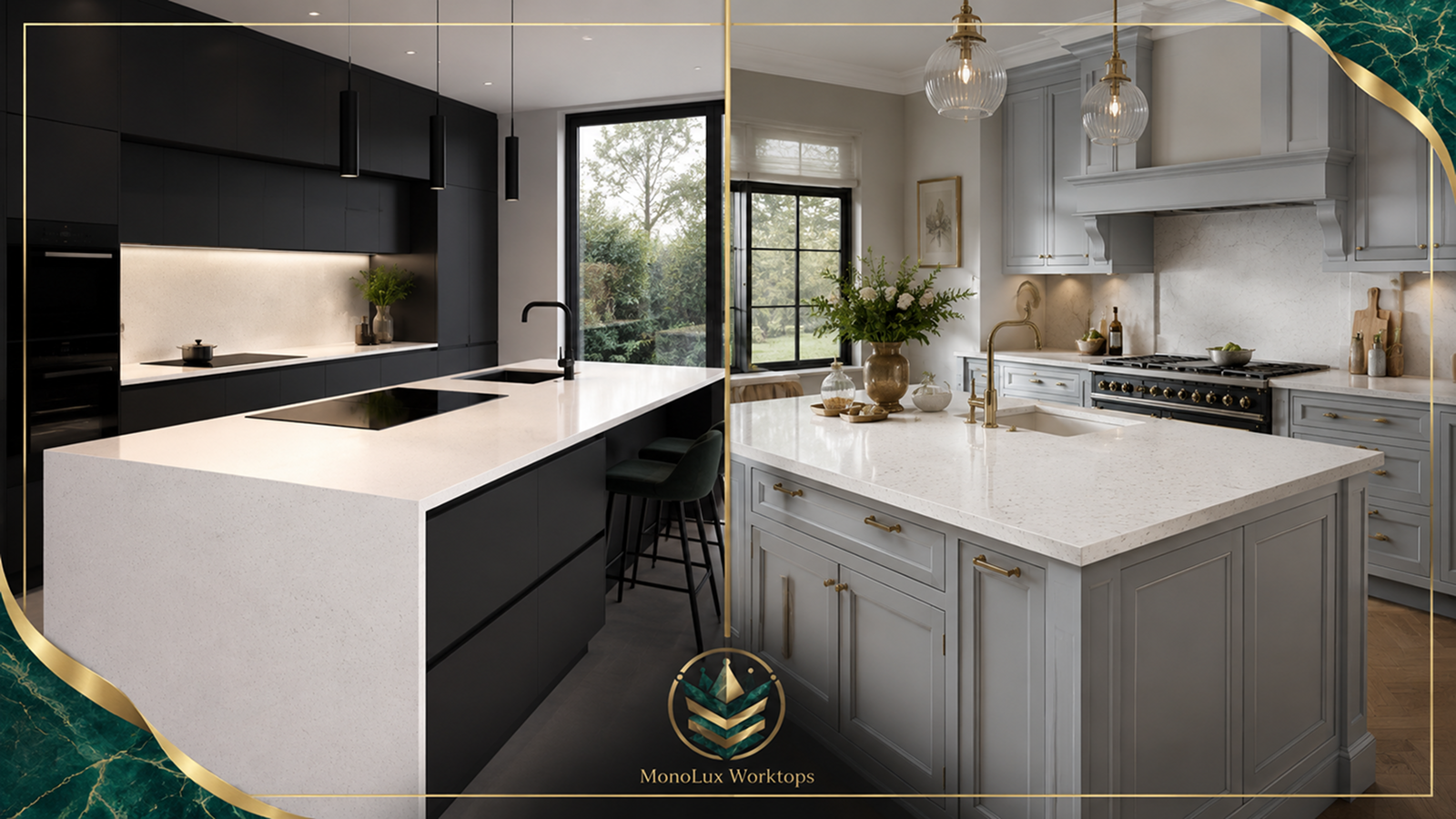 Best white quartz worktops compared in a white quartz modern kitchen and a white quartz traditional kitchen with MonoLux branding.