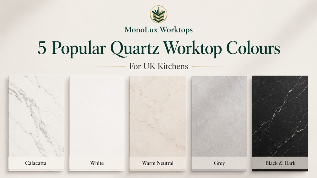 Best quartz colours for kitchens compared across the most popular quartz worktop colours, including Calacatta, white, grey and black.