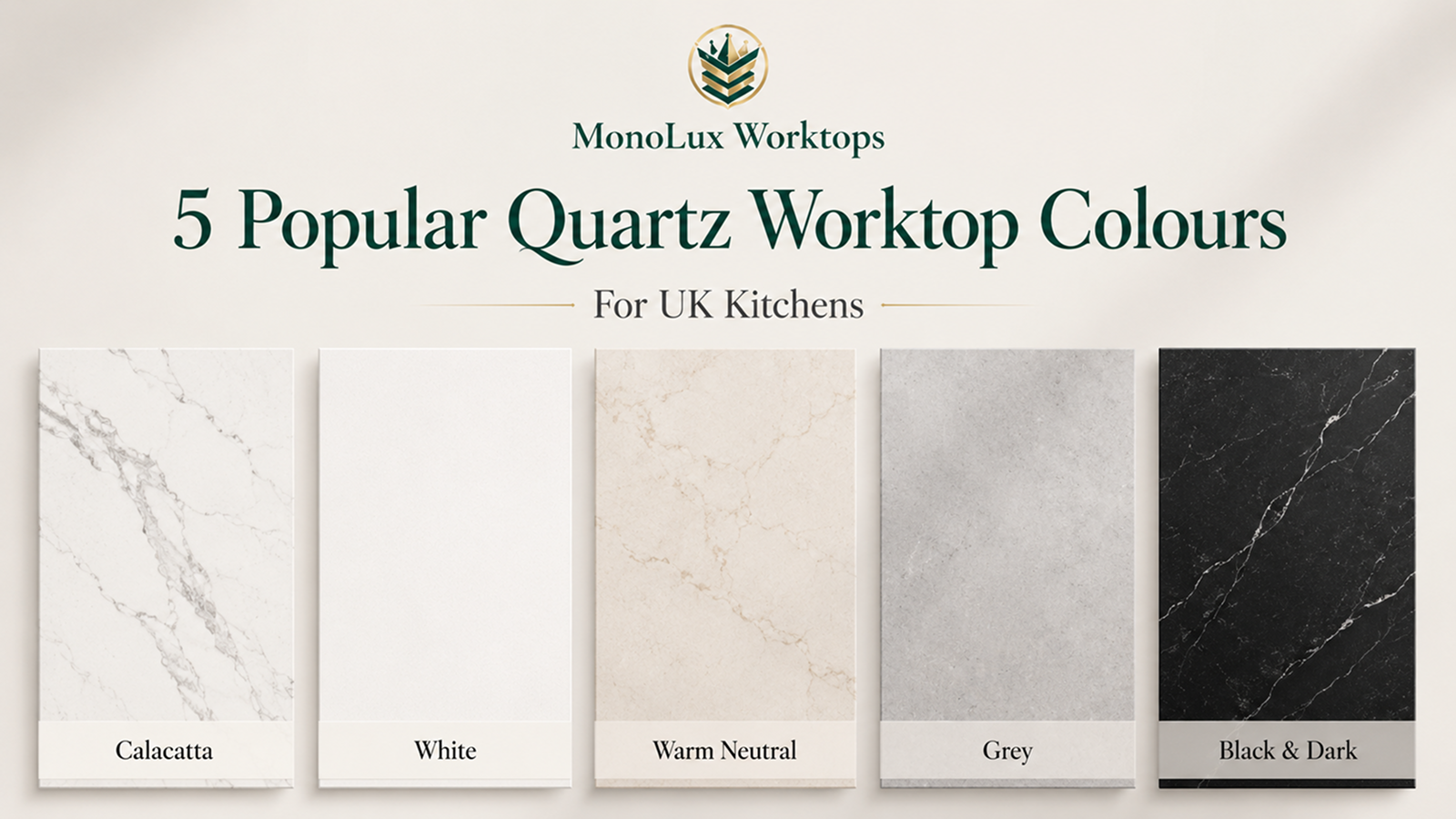Best quartz colours for kitchens compared across the most popular quartz worktop colours, including Calacatta, white, grey and black.