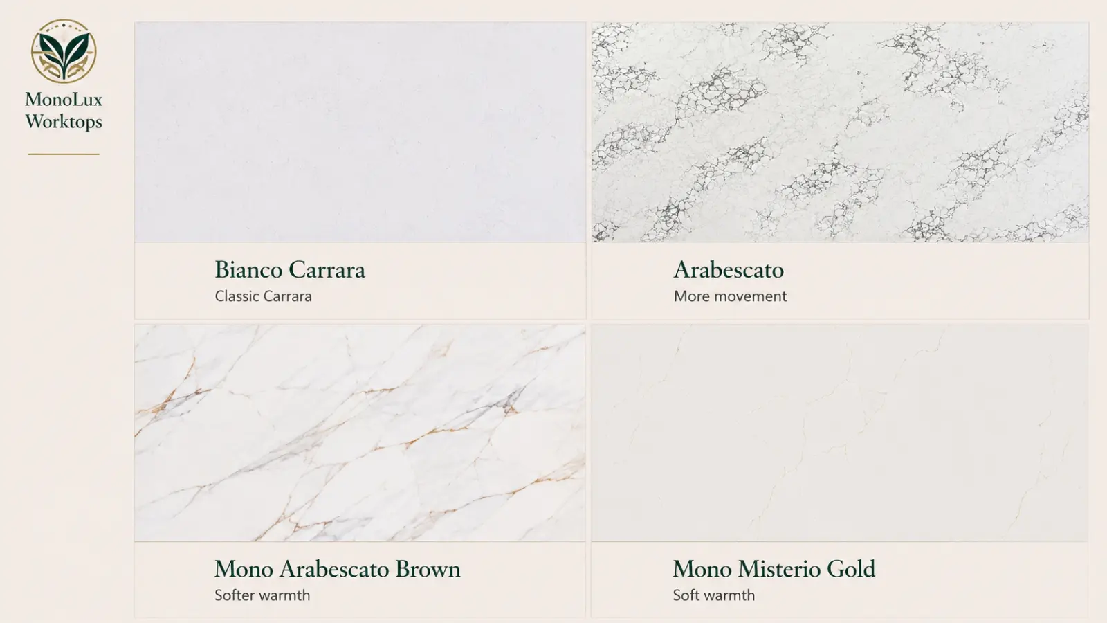 Bianco Carrara, Arabescato, Mono Arabescato Brown and Mono Misterio Gold Carrara-style quartz options.