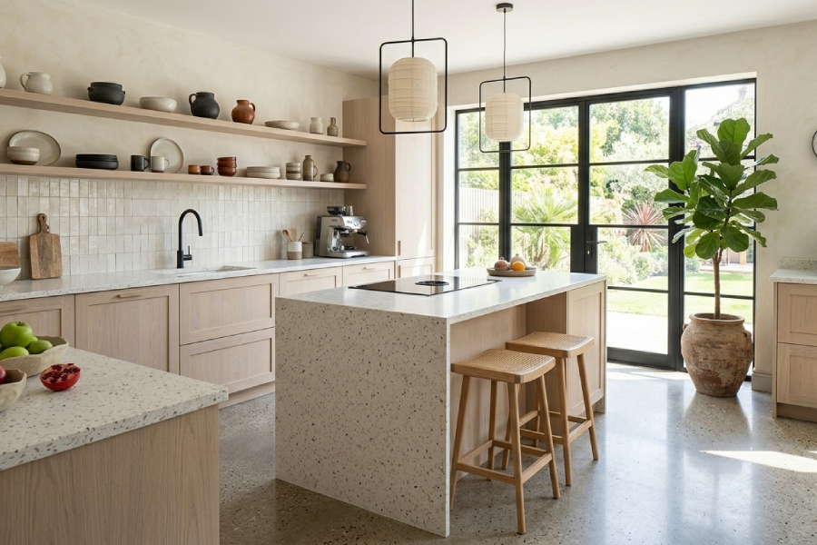 Bright modern kitchen with light wood cabinets, terrazzo island