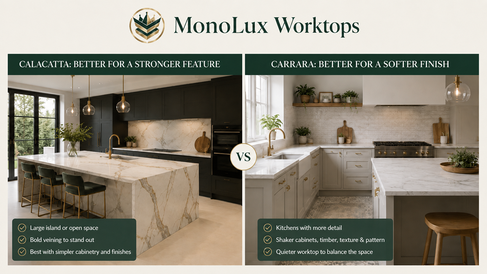 Calacatta quartz for a feature island compared with Carrara quartz for a softer detailed kitchen layout.
