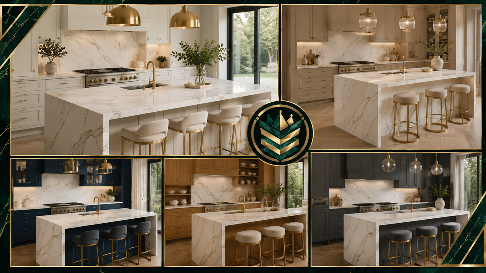 Calacatta quartz kitchen ideas showing white, navy, oak and charcoal cabinets with gold-veined quartz worktops and kitchen islands.