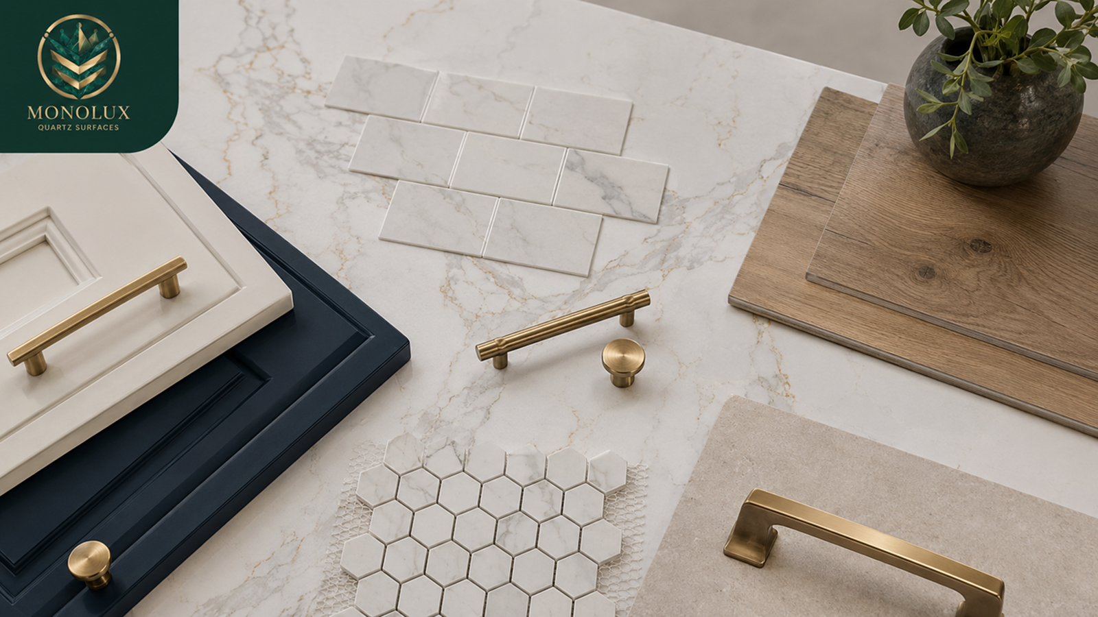 Calacatta quartz worktops with cabinet samples, brass handles, wood flooring and tiles for choosing cabinet colours at home in the UK.