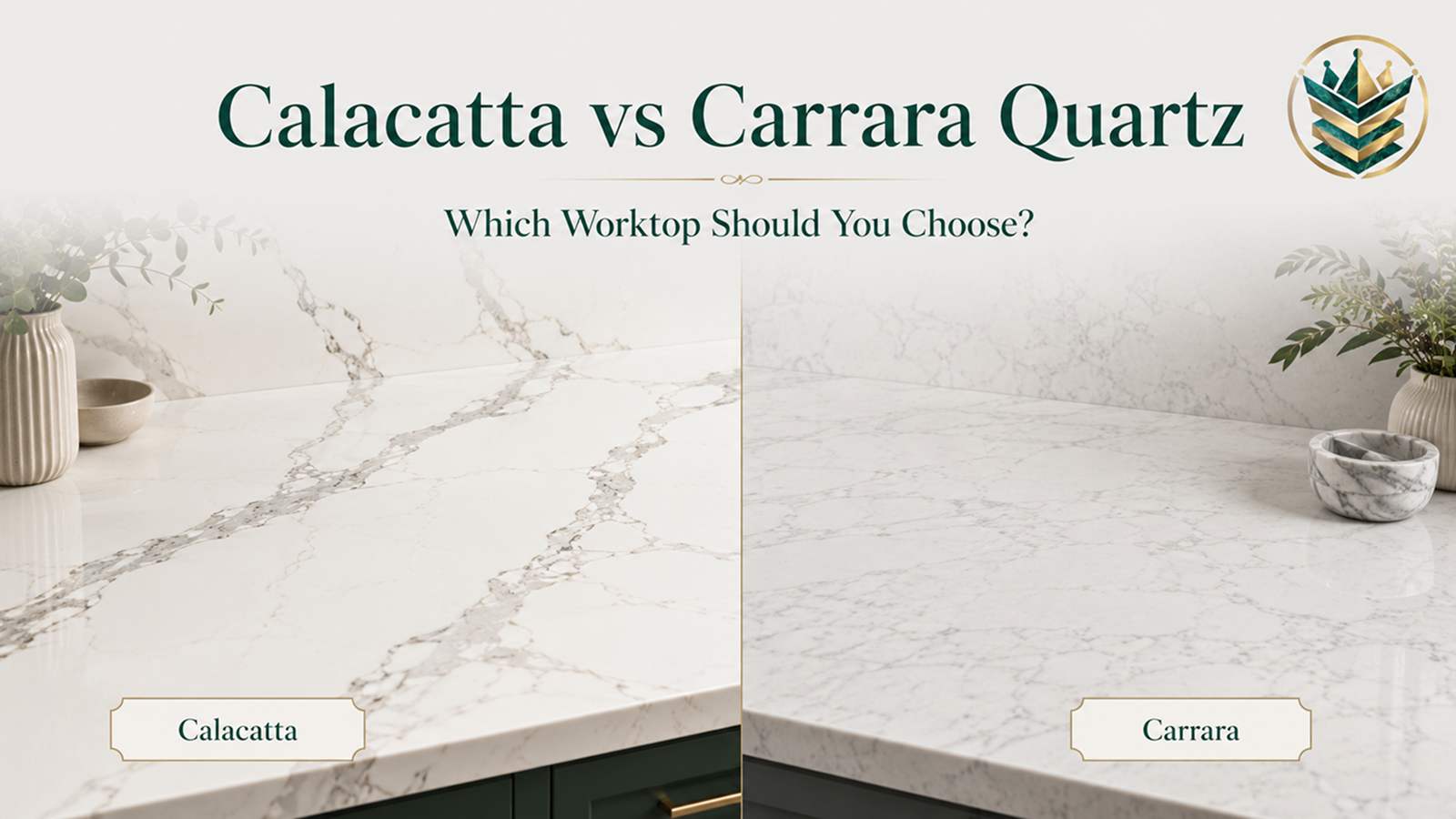 Calacatta vs Carrara quartz worktops compared with bold Calacatta veining and softer Carrara-style quartz.