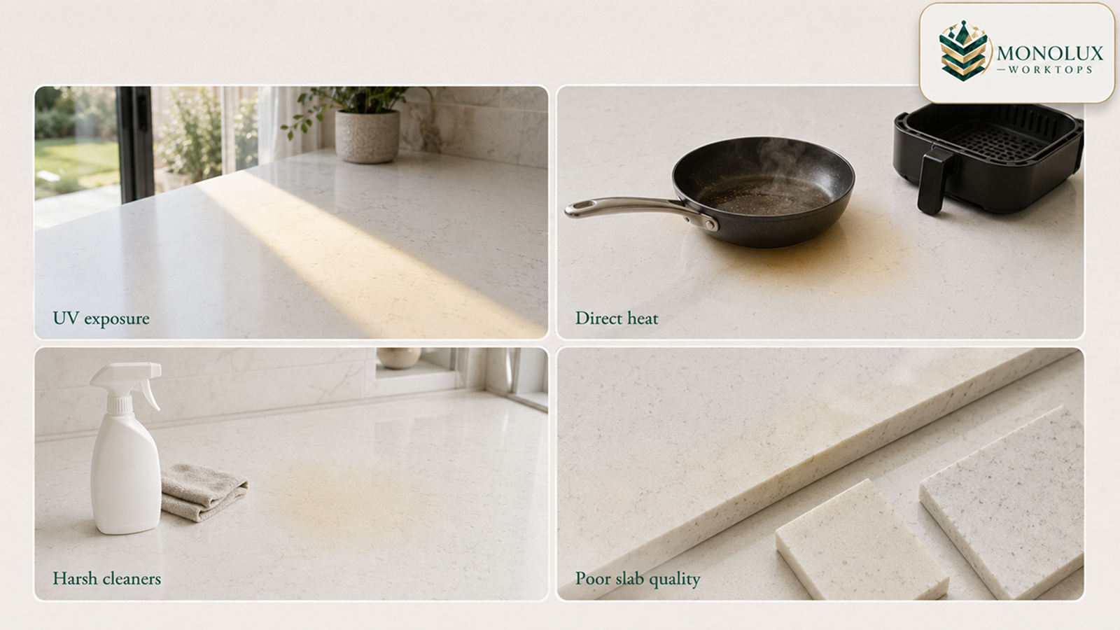 Does white quartz stain or does white quartz turn yellow? UV, heat, harsh cleaners and poor slab quality shown on quartz.
