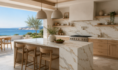 Coastal Mediterranean kitchen with Calacatta Bronze quartz worktop