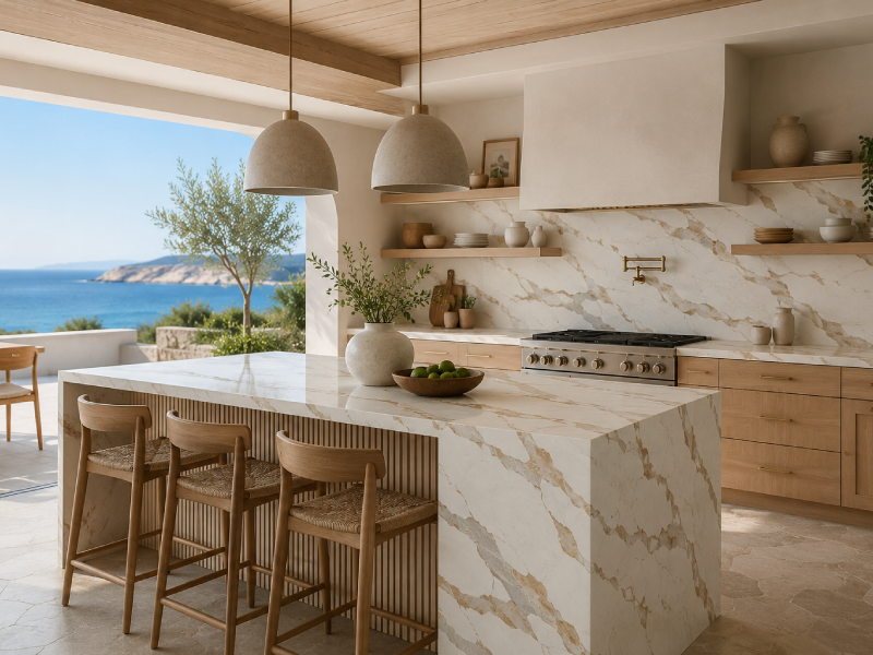 Coastal Mediterranean kitchen with Calacatta Bronze quartz worktop