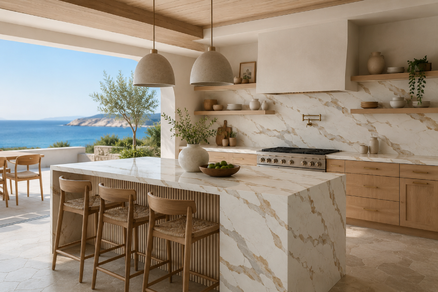 Coastal Mediterranean kitchen with Calacatta Bronze quartz worktop