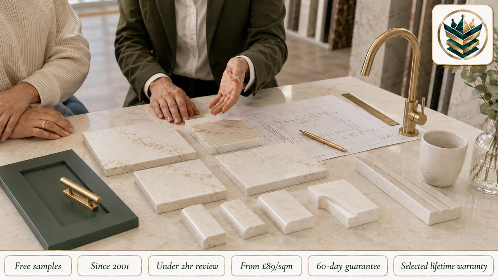 Gold-veined quartz worktops samples with MonoLux quote plan, free sample badges and Calacatta Gold quartz consultation.