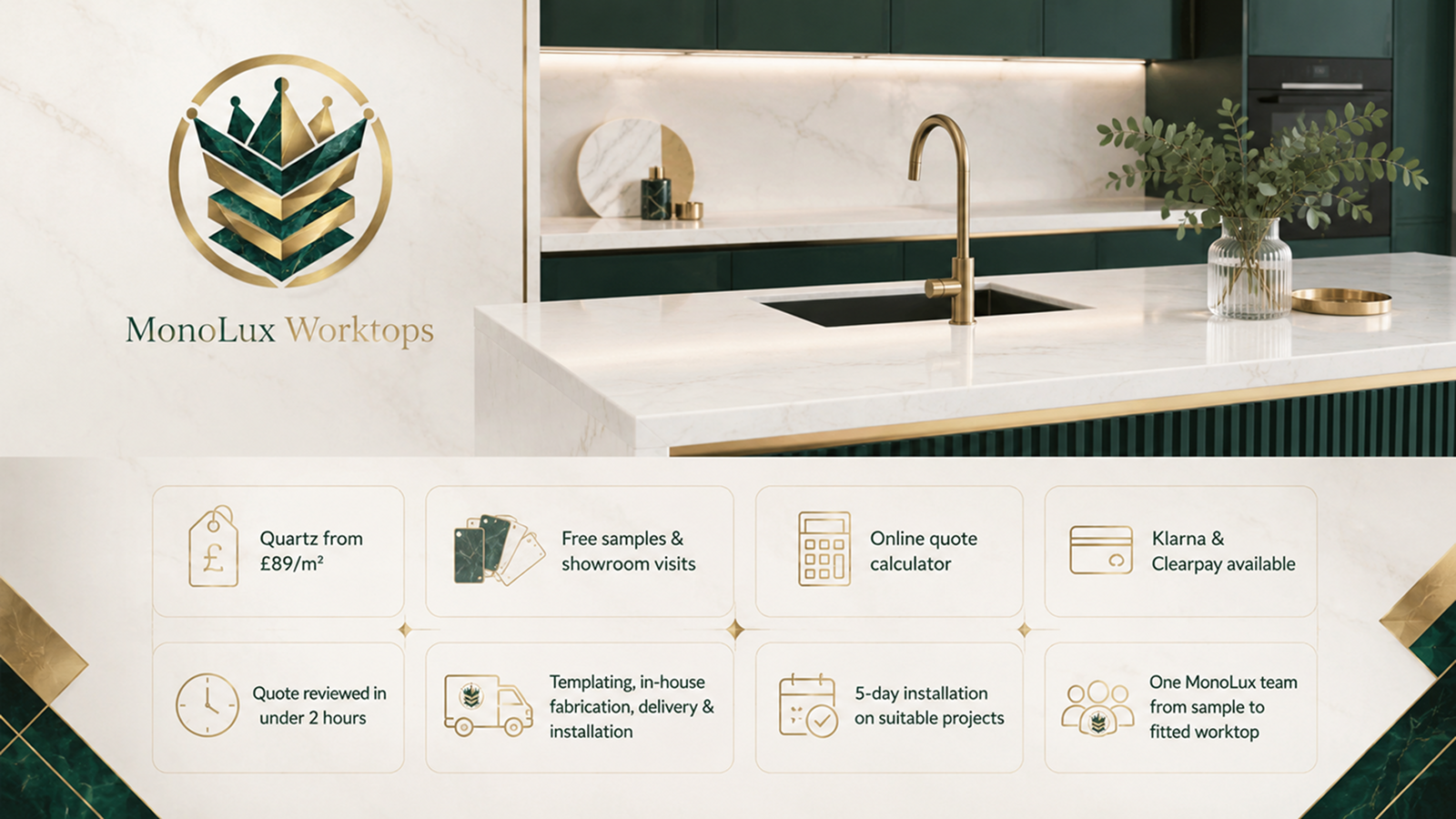 Best white quartz worktops from MonoLux, showing samples, quotes, flexible payments and fitting support for practical white quartz kitchen ideas.