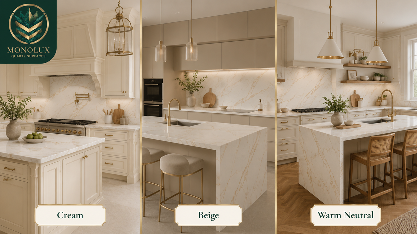 Cream, beige and warm neutral cabinets with Calacatta quartz worktops, gold veining, brass hardware and warm flooring design ideas.