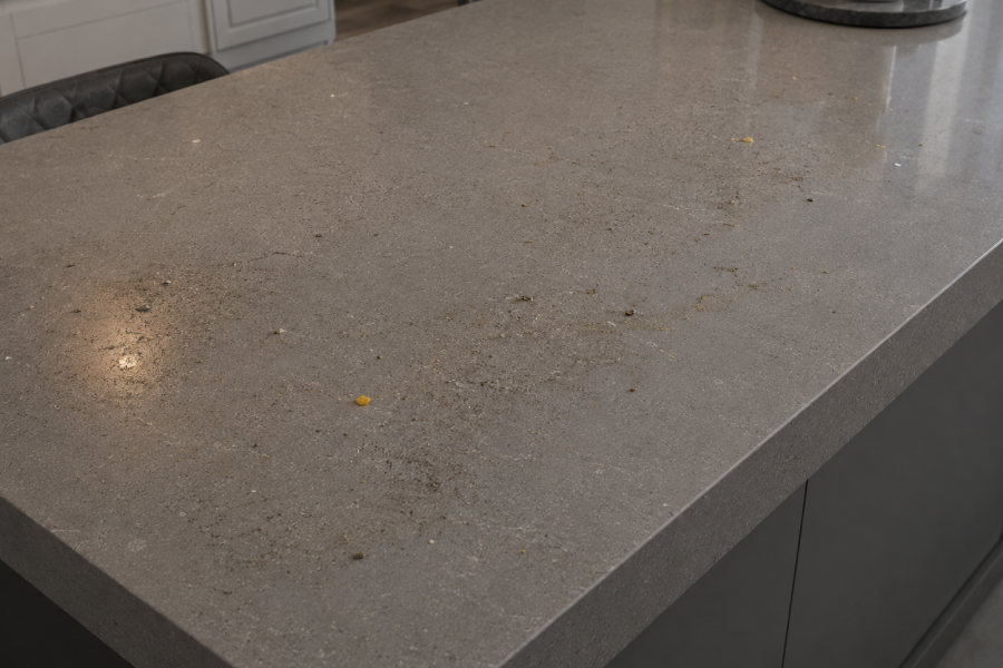 Dirty grey quartz breakfast bar worktop with visible dust,stains in a modern kitchen interior.