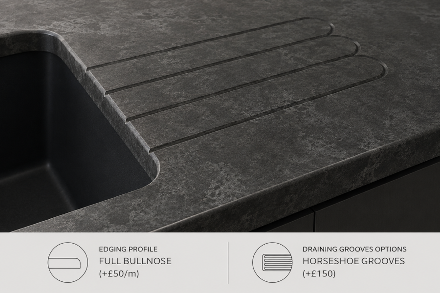Draining grooves and bullnose elegance with Mono Concrete quartz