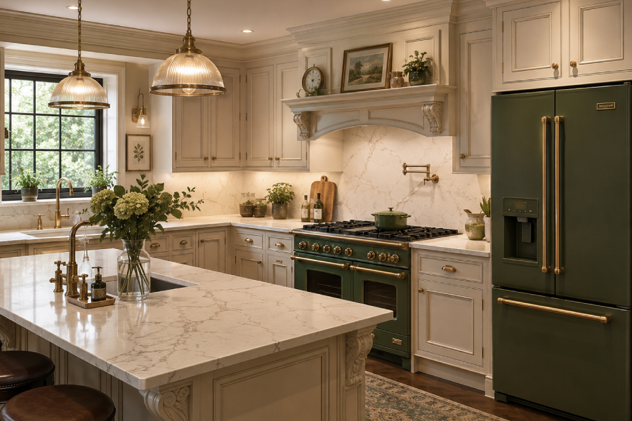 Elegant English-style kitchen interior with quartz marble worktop