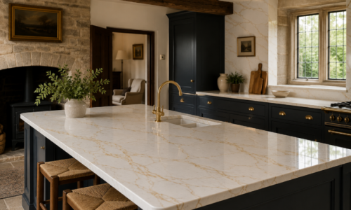 Elegant country kitchen with Gold-Veined kitchen worktops