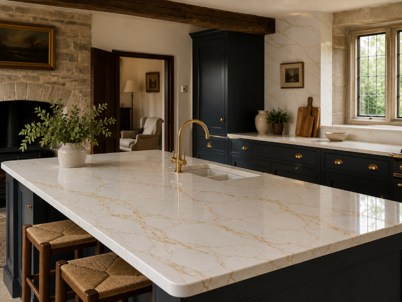 Elegant country kitchen with Gold-Veined kitchen worktops
