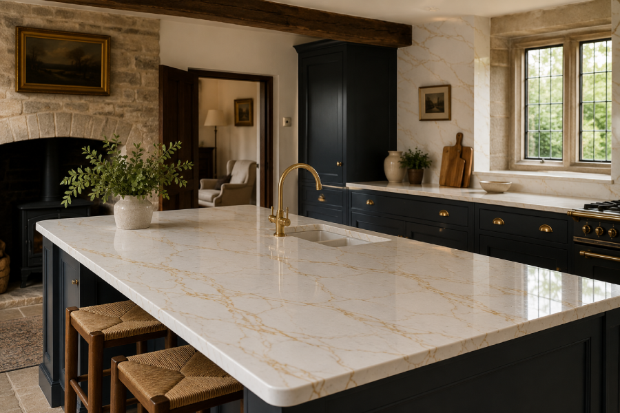 Elegant country kitchen with Gold-Veined kitchen worktops