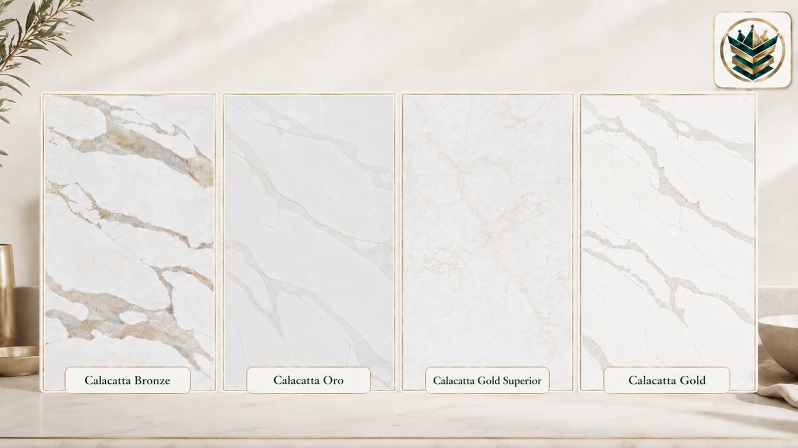 Gold-veined quartz worktops comparison showing Calacatta Gold quartz, Oro, Gold Superior and Calacatta Bronze slabs.