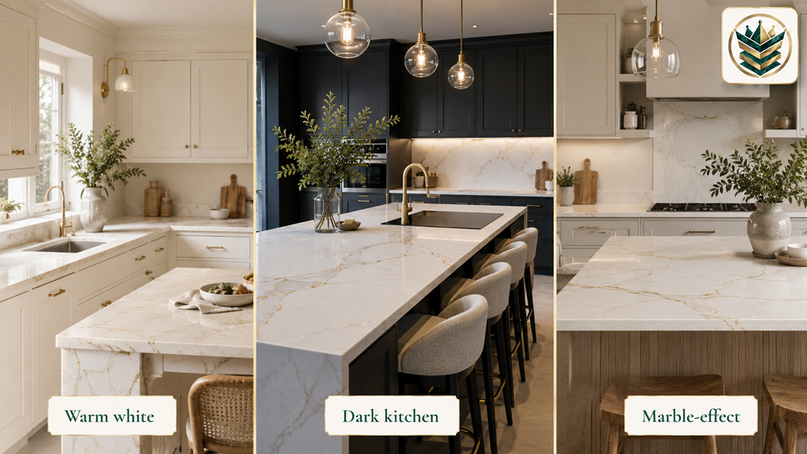 Gold-veined quartz worktops shown in warm white, dark kitchen and marble-effect quartz worktop design panels.