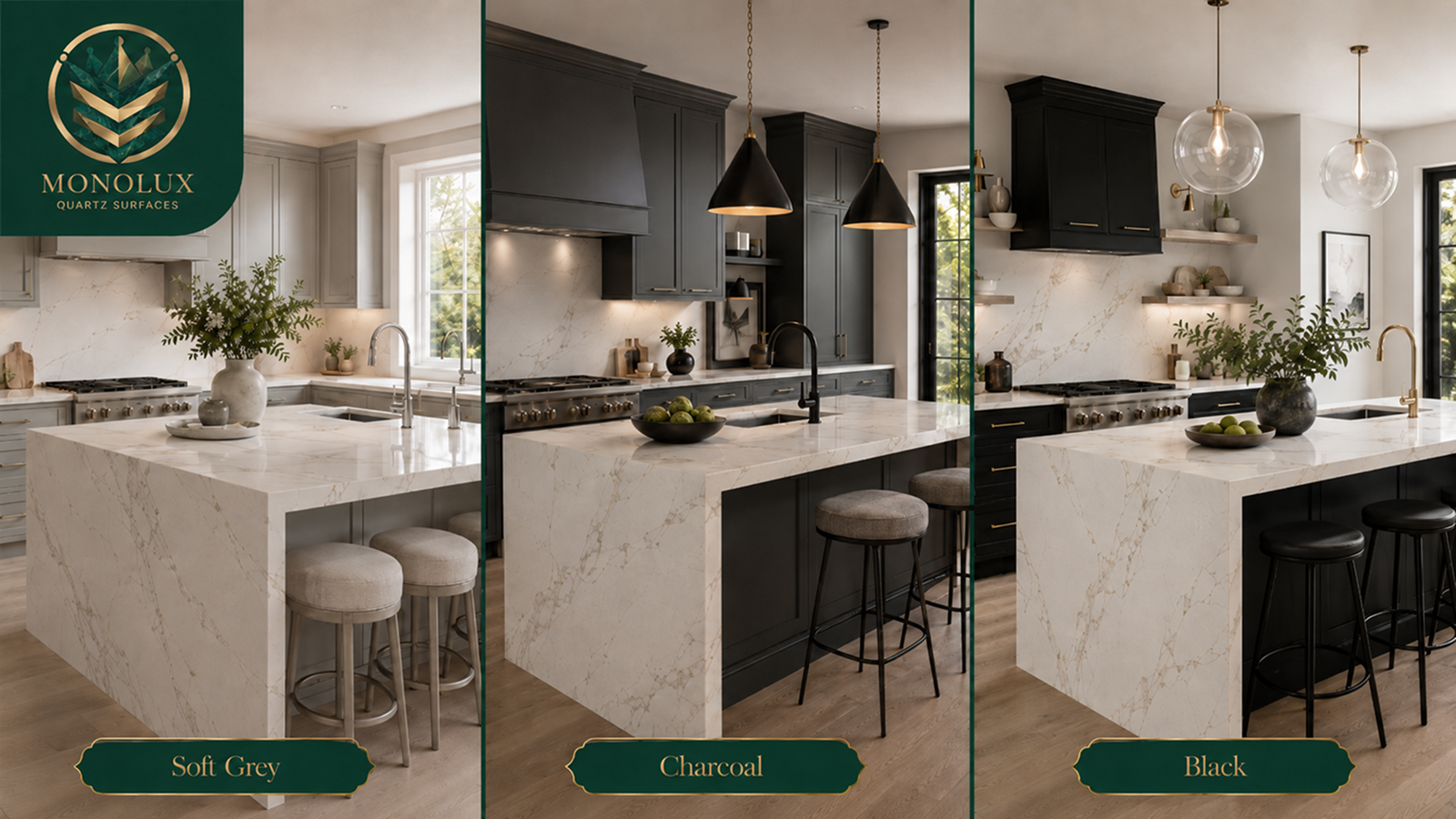 Grey, charcoal and black cabinets with Calacatta quartz worktops showing contrast, veining, handles and kitchen lighting ideas.