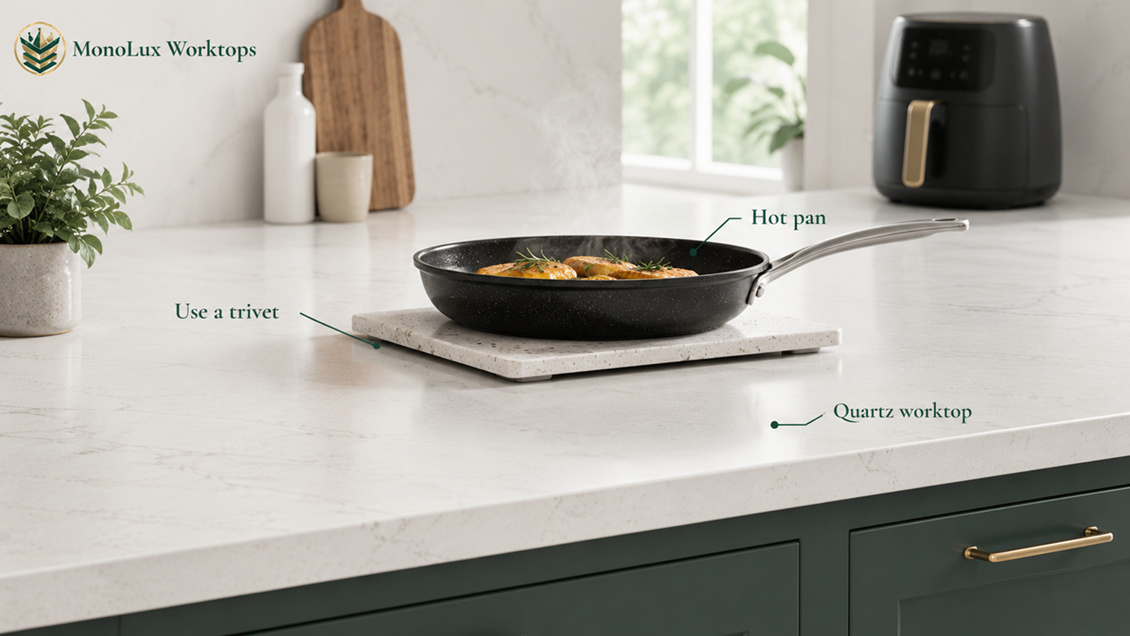 Hot pan on a trivet over quartz, illustrating can you put hot pans on quartz worktops and quartz worktop heat resistance.