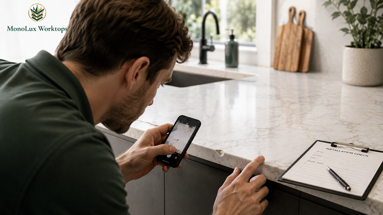 The installer is assessing quartz worktop care issues and does quartz worktops stain scratch or crack after fitting. 