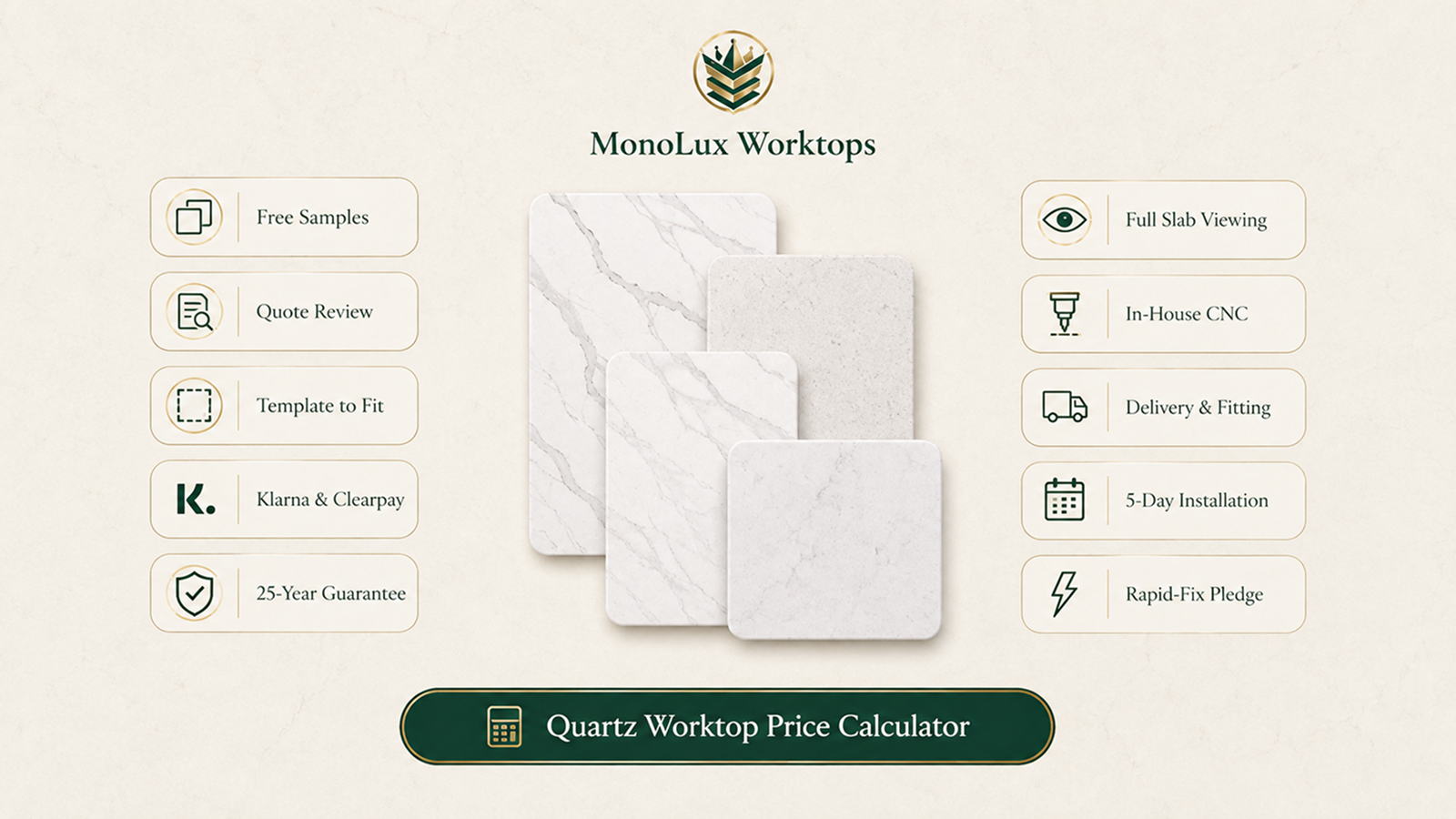 Marble-effect quartz vs real marble CTA graphic showing marble-effect quartz worktops, samples, slab viewing, fitting and quote options.