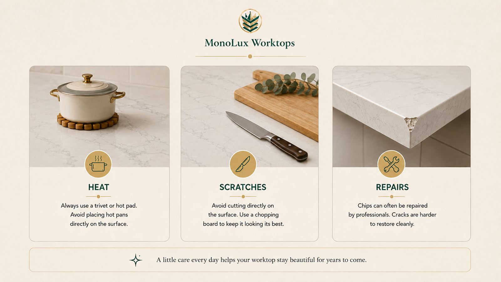 Marble-effect quartz vs real marble care graphic for marble worktops vs quartz, covering heat protection, scratch prevention and repairs.