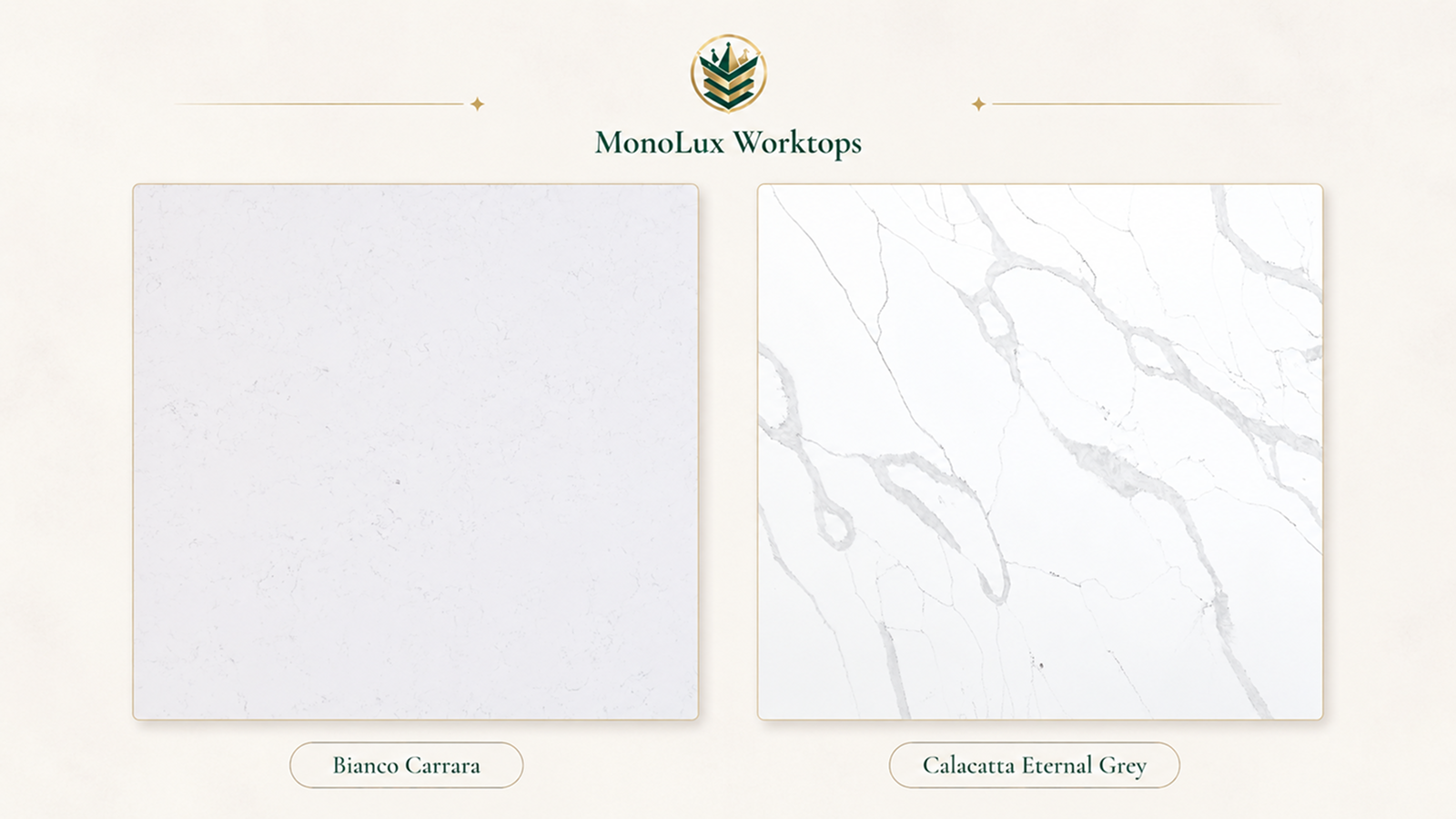 Marble-effect quartz vs real marble slab comparison showing Carrara quartz beside Calacatta quartz for a softer versus bolder marble look.