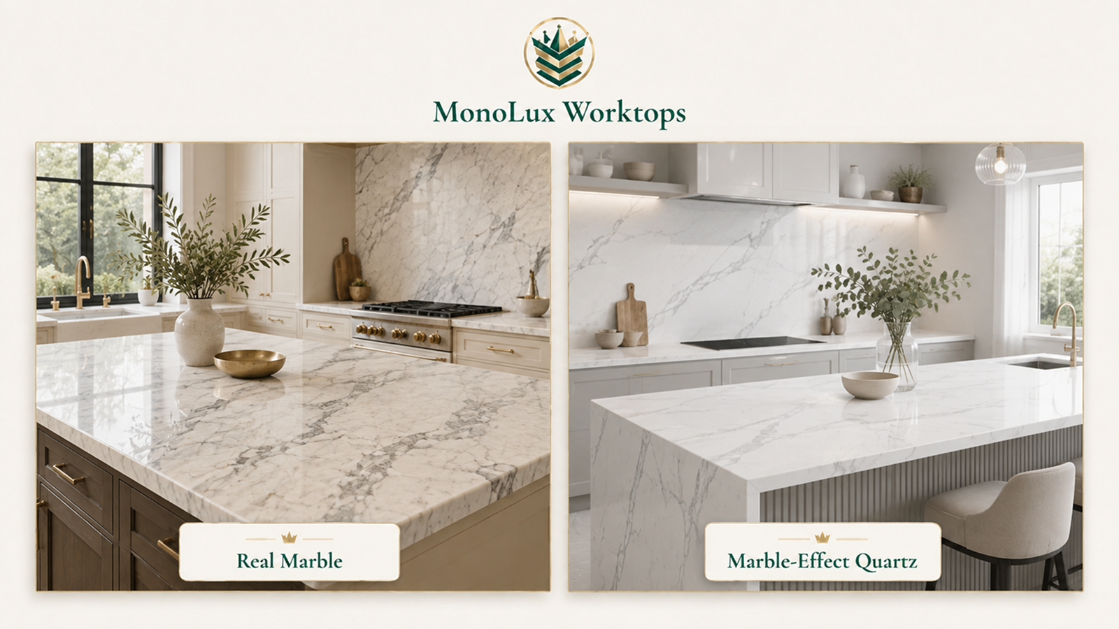 Marble-effect quartz vs real marble comparison image showing a real marble kitchen beside a quartz marble-looking kitchen island.