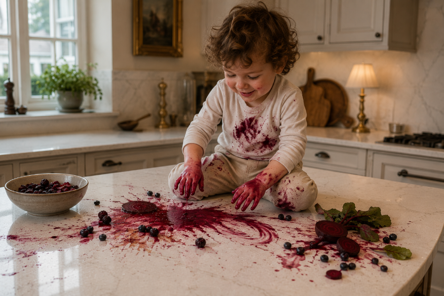 A child sitting on a white quartz cabinet and pulling Beetroot and Berries with his hand on the worktop.