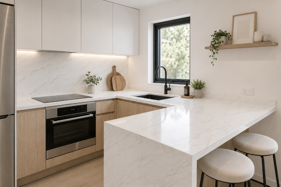 Small kitchen with Calacatta Oro Quartz Worktop