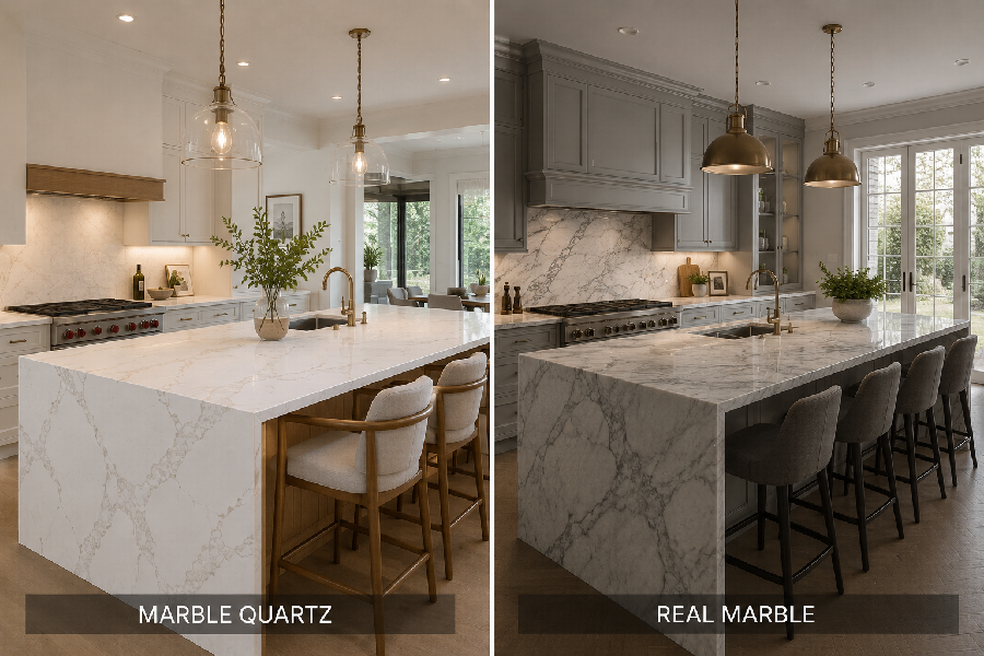 Modern kitchen comparison: marble vs. quartz