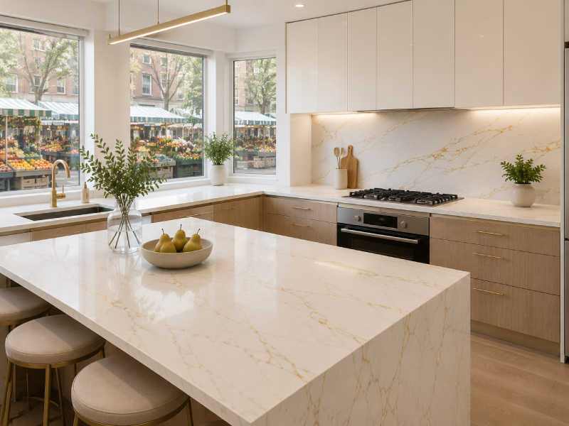 kitchen with gold-veining quartz worktops