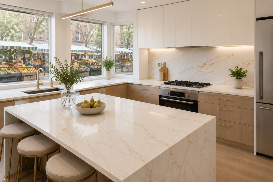 kitchen with gold-veining quartz worktops