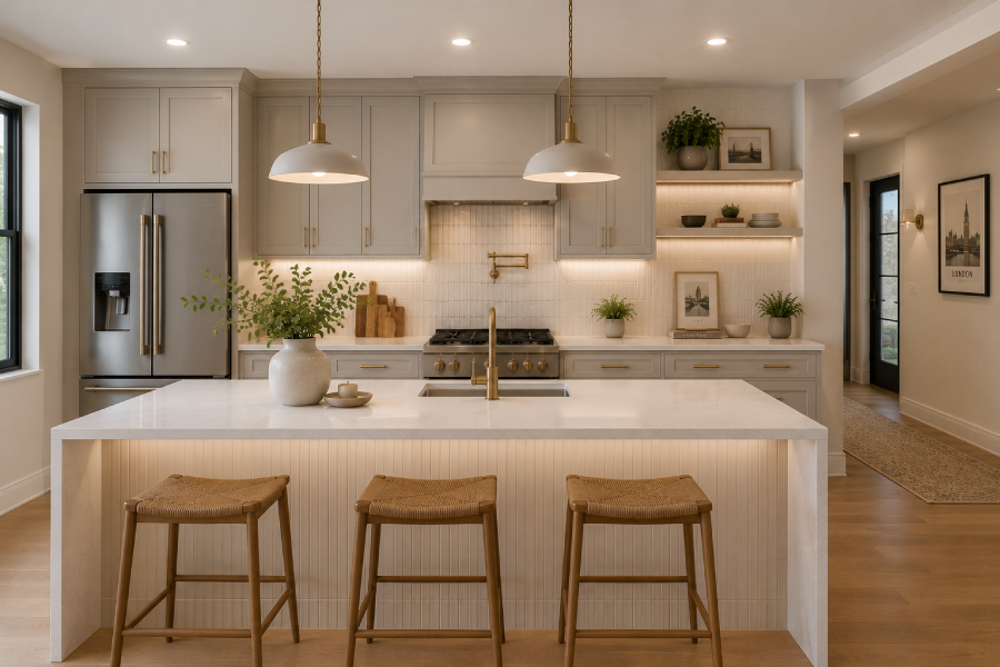 Modern kitchen with light grey cabinets, textured splashback, and a white quartz island viewed from the front.