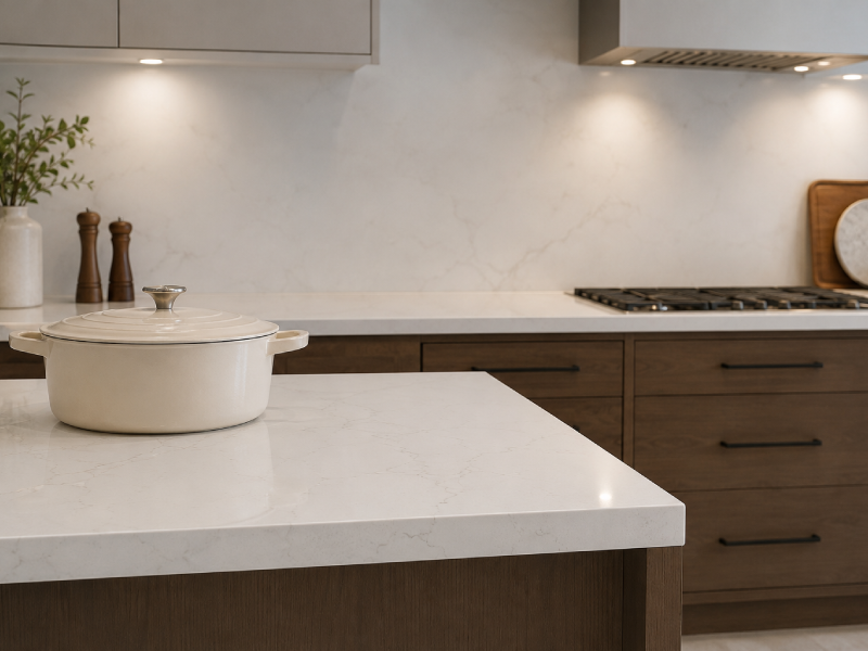 Modern kitchen with withe quartz worktops