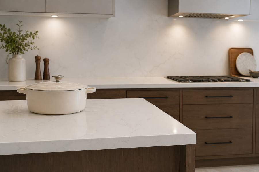 Modern kitchen with withe quartz worktops