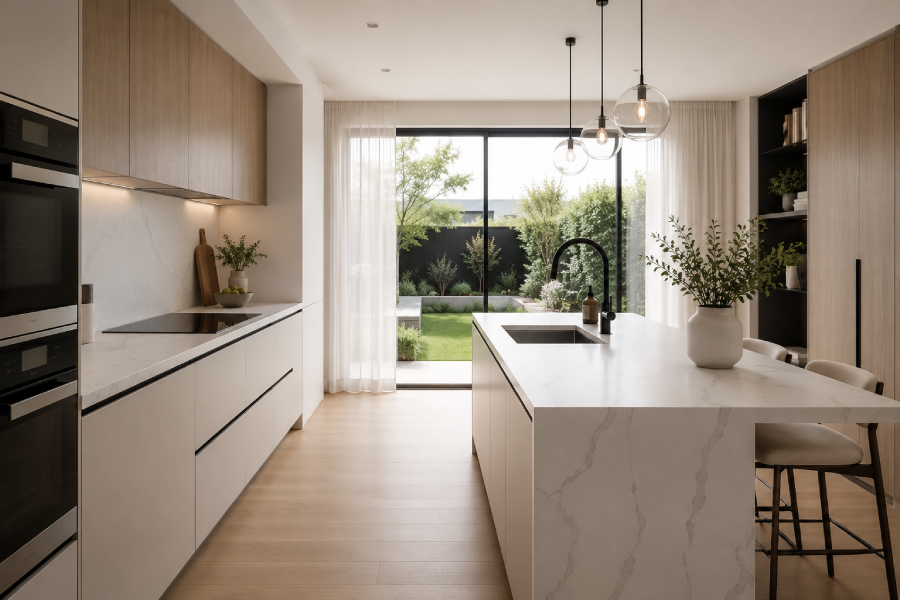 Modern minimalist kitchen with calacatta venato quatz worktop